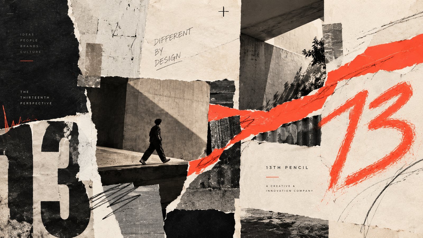 A torn-paper collage of concrete architecture, a walking figure, and a red stroke forming the numeral thirteen.