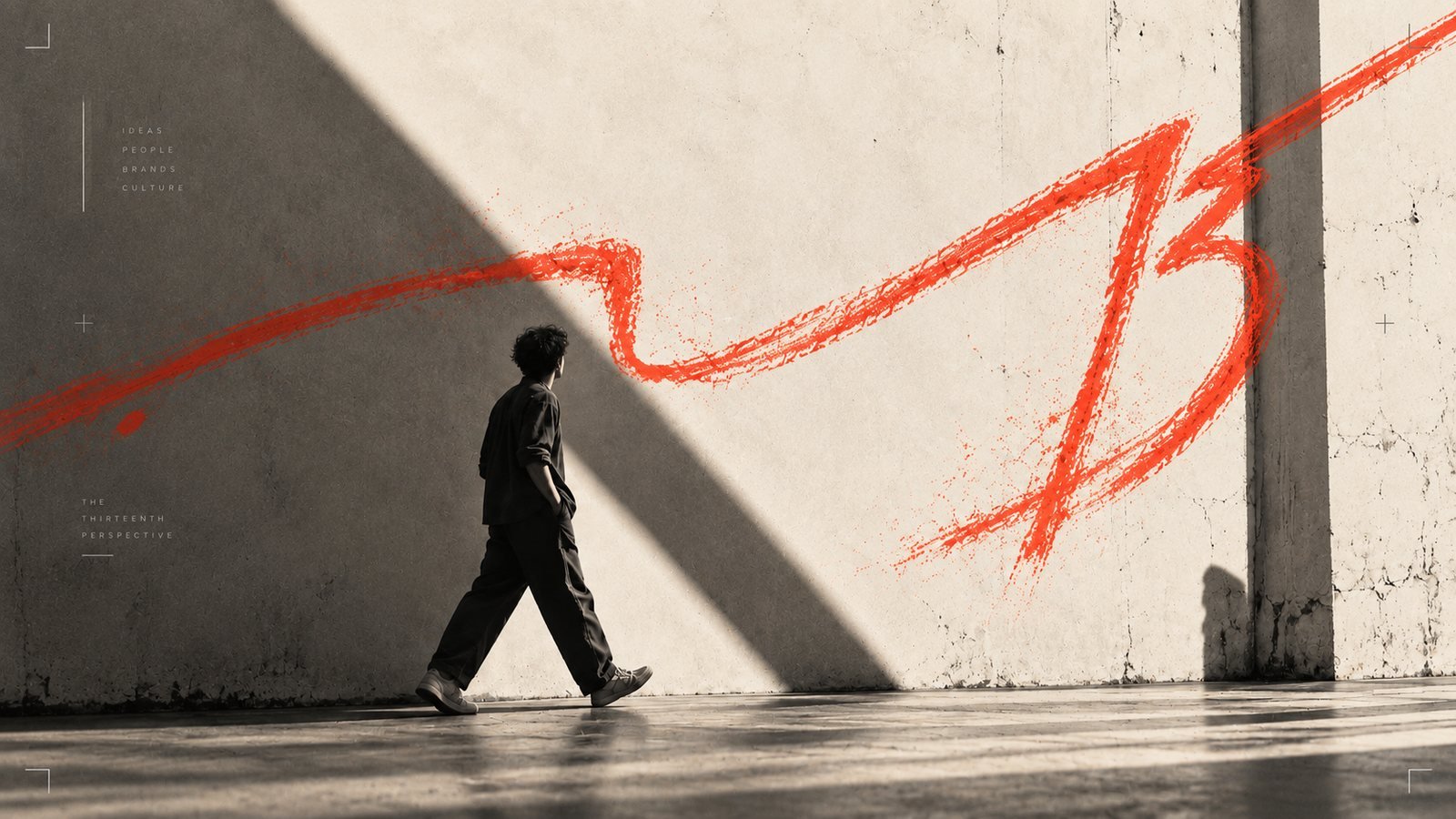 A figure walking past a concrete wall marked with a single red stroke forming the numeral thirteen.